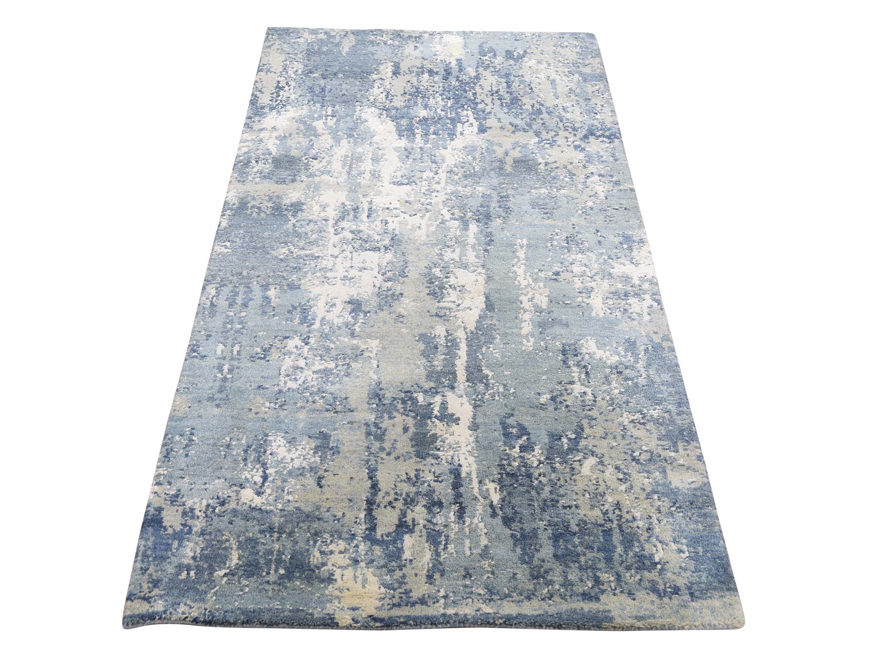 2'7"X6'1" Blue-Gray Abstract Design Wool And Pure Silk Hand-Knotted Oriental Runner Rug moade866